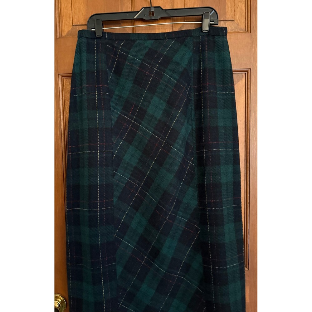 VTG J. London Blackwatch Tartan Pencil Skirt Women Size 14 Green/Navy Wool-Blend